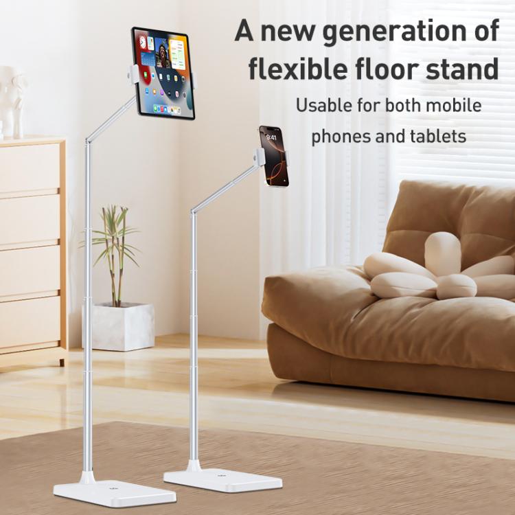 X10 Square Base Infinitely Adjustable Floor Stand Flexible Axis Phone PC Live Broadcast Bracket, Height: 41-155cm  - White