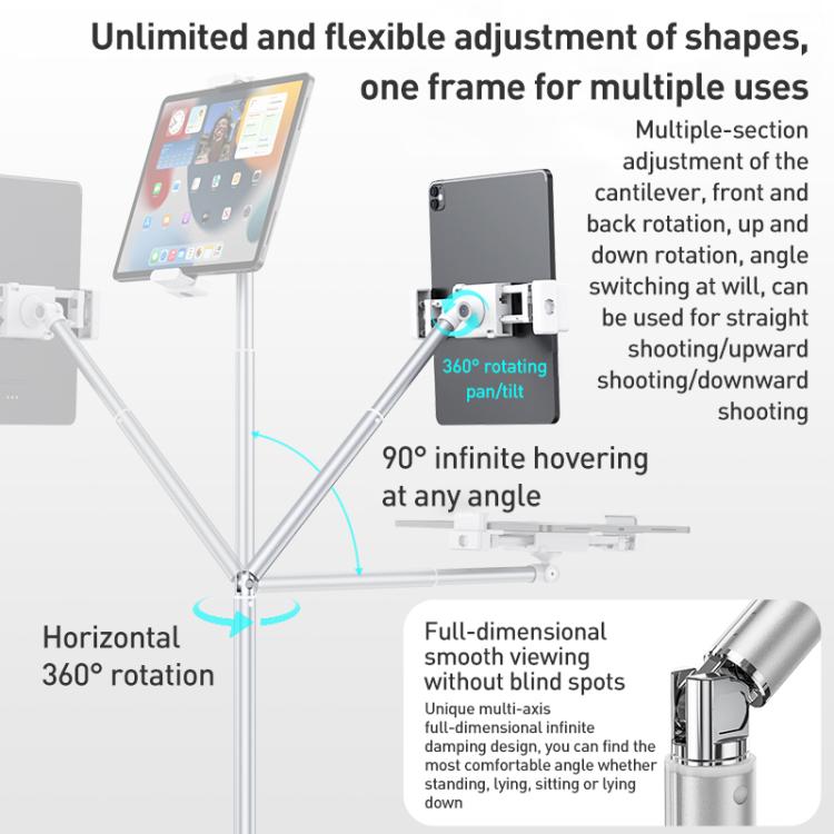 X10 Square Base Infinitely Adjustable Floor Stand Flexible Axis Phone PC Live Broadcast Bracket, Height: 41-155cm  - White