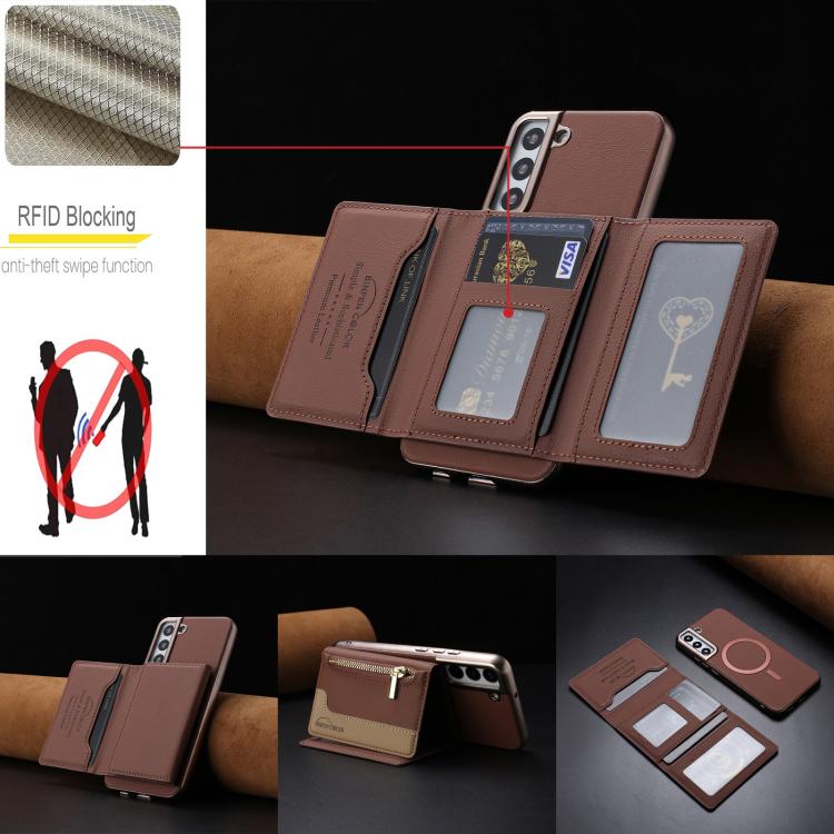 For Samsung Galaxy S25 5G Zipper Horizontal Magnetic Card Bag RFID MagSafe Phone Case