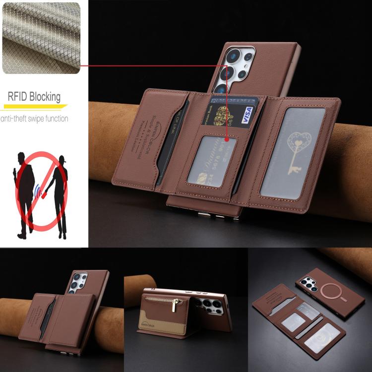 For Samsung Galaxy S24 Ultra 5G Zipper Horizontal Magnetic Card Bag RFID MagSafe Phone Case