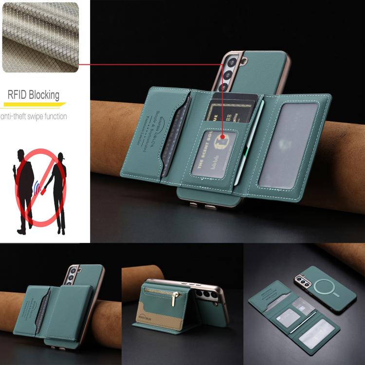 For Samsung Galaxy S21 5G Zipper Horizontal Magnetic Card Bag RFID MagSafe Phone Case