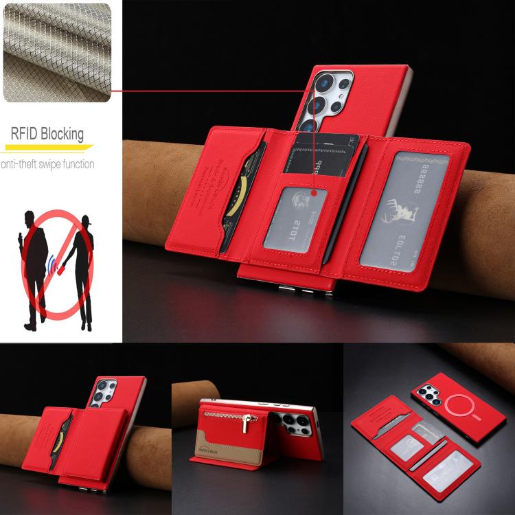 For Samsung Galaxy S21 Ultra 5G Zipper Horizontal Magnetic Card Bag RFID MagSafe Phone Case