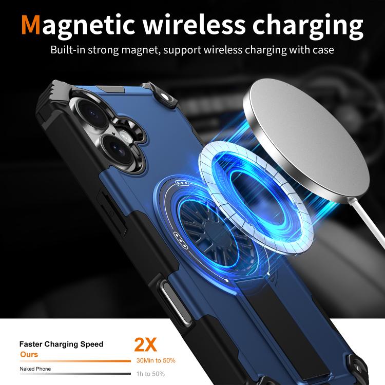 For iPhone 16 Plus Shockproof Kickstand Metallic Shaft MagSafe Phone Case