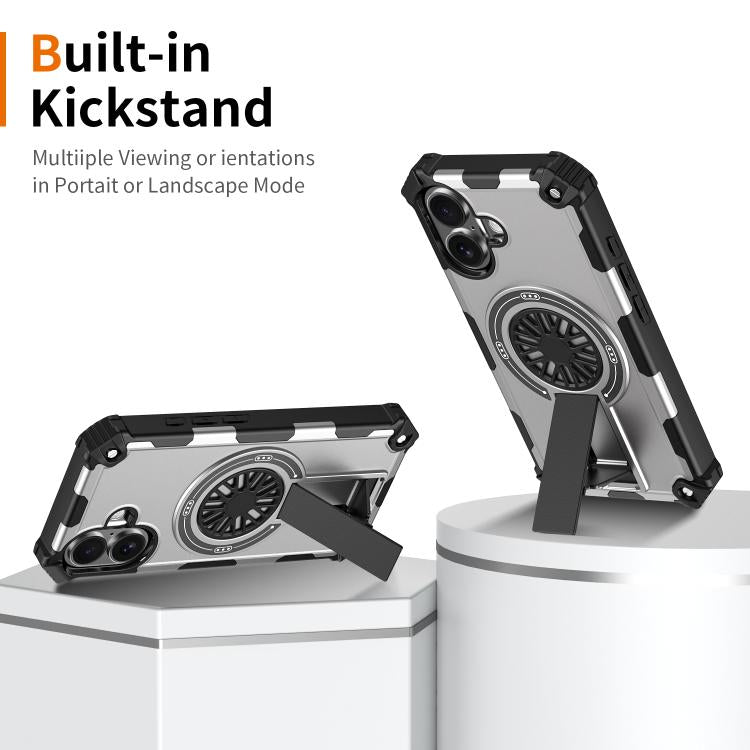 For iPhone 16 Plus Shockproof Kickstand Metallic Shaft MagSafe Phone Case