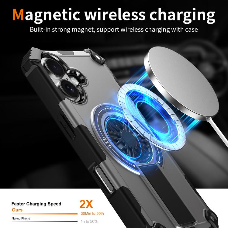 For iPhone 16 Plus Shockproof Kickstand Metallic Shaft MagSafe Phone Case