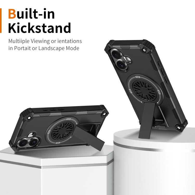 For iPhone 16 Shockproof Kickstand Metallic Shaft MagSafe Phone Case