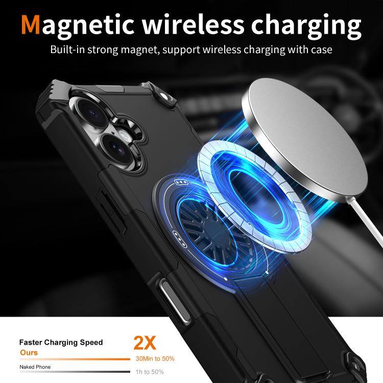 For iPhone 16 Shockproof Kickstand Metallic Shaft MagSafe Phone Case