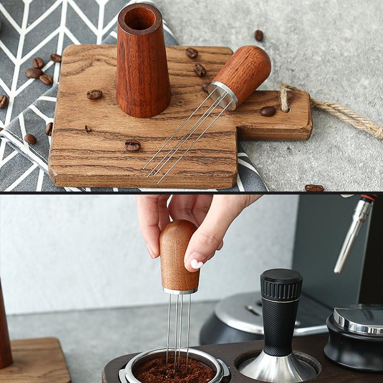 Solid Wood Stand Stainless Steel Coffee Loose Powder Needle - Red Brown