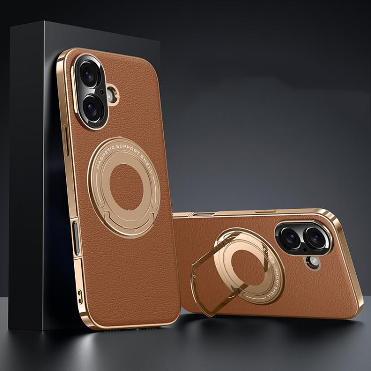 For iPhone 16 Plain Leather Hybrid Metal Holder MagSafe Phone Case