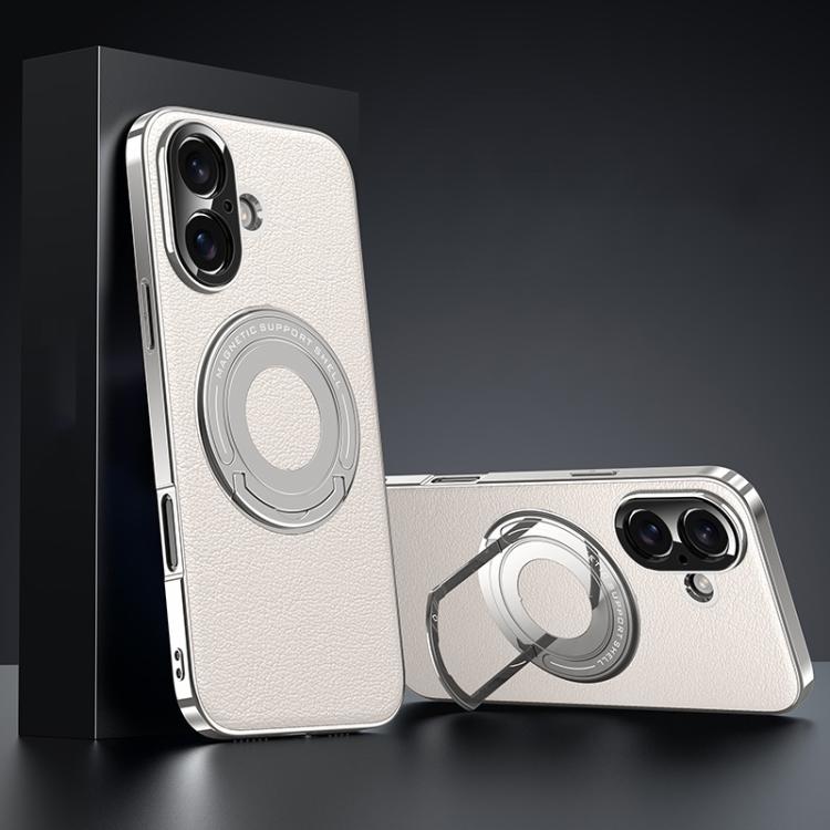 For iPhone 16 Plain Leather Hybrid Metal Holder MagSafe Phone Case