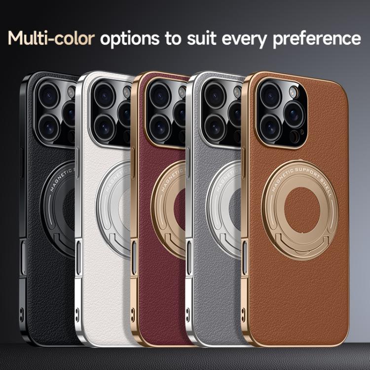For iPhone 13 Pro Max Plain Leather Hybrid Metal Holder MagSafe Phone Case