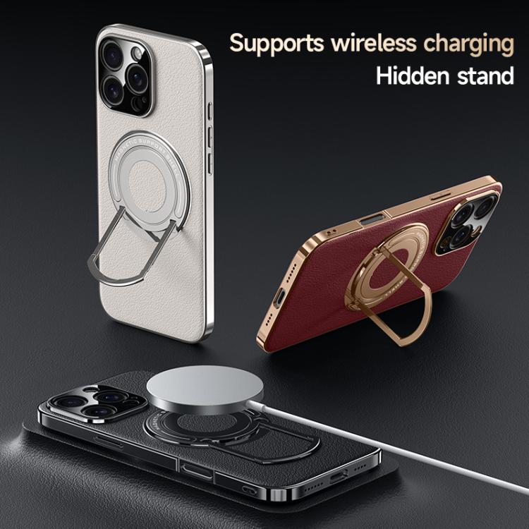 For iPhone 16 Pro Max Plain Leather Hybrid Metal Holder MagSafe Phone Case