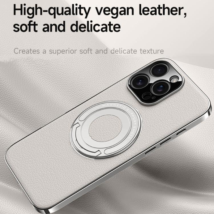 For iPhone 16 Pro Max Plain Leather Hybrid Metal Holder MagSafe Phone Case