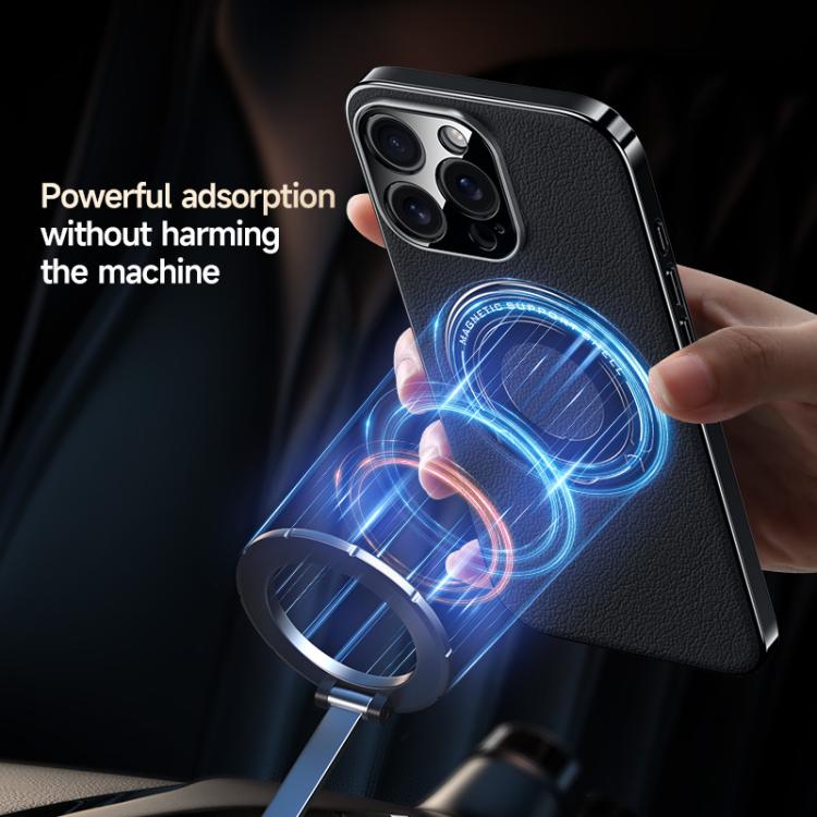 For iPhone 16 Pro Max Plain Leather Hybrid Metal Holder MagSafe Phone Case