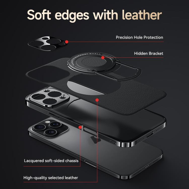 For iPhone 16 Pro Max Plain Leather Hybrid Metal Holder MagSafe Phone Case