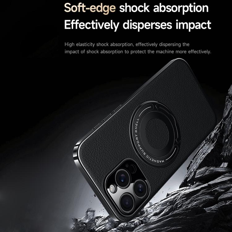 For iPhone 13 Pro Max Plain Leather Hybrid Metal Holder MagSafe Phone Case