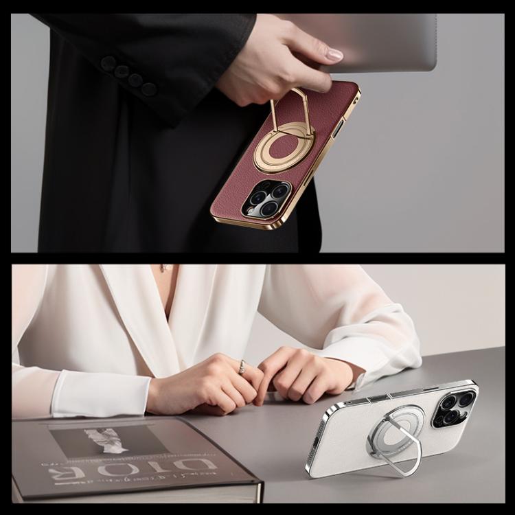 For iPhone 13 Plain Leather Hybrid Metal Holder MagSafe Phone Case