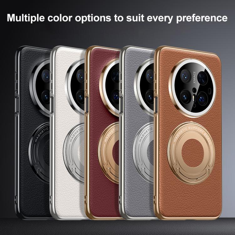 For Huawei Mate 50 Pro Plain Leather Hybrid Metal Holder MagSafe Phone Case