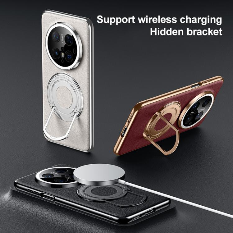 For Huawei Mate 50 Pro Plain Leather Hybrid Metal Holder MagSafe Phone Case