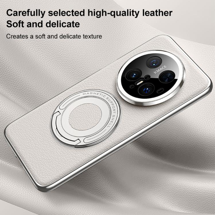 For Huawei Mate 50 Plain Leather Hybrid Metal Holder MagSafe Phone Case