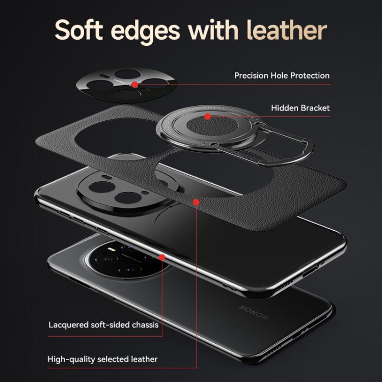 For Honor Magic7 Pro Plain Leather Hybrid Metal Holder MagSafe Phone Case