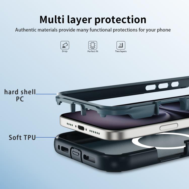 For iPhone 16 Plus Defend 3 in 1 Rugged MagSafe Magnetic Holder Phone Case