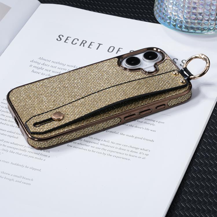For iPhone 16 Plus Electroplating Loose Powder Wristband Holder Phone Case