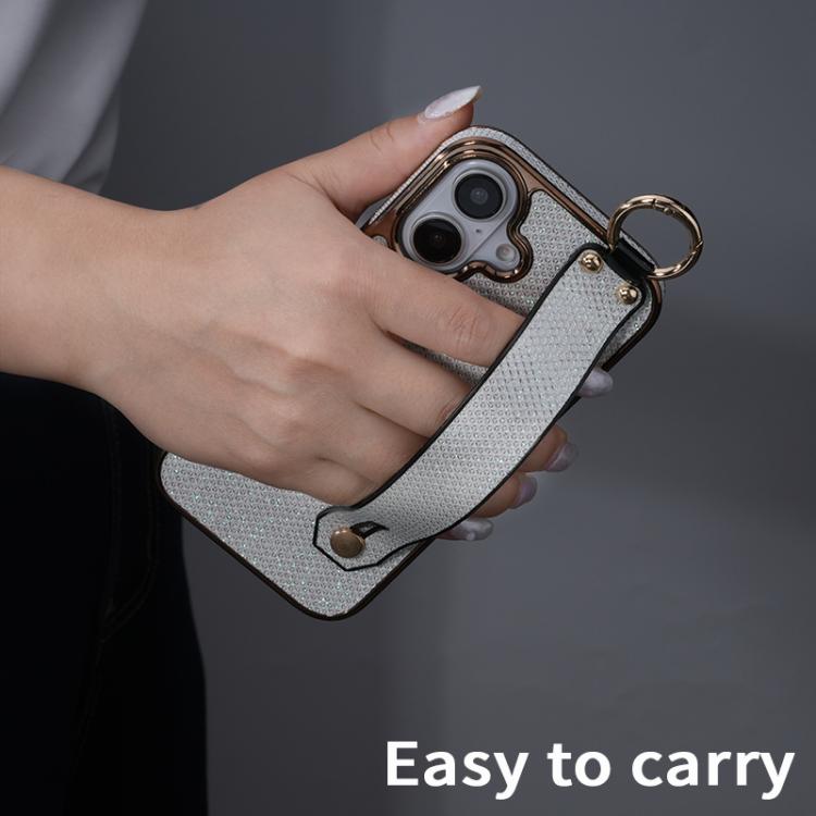 For iPhone 16 Plus Electroplating Loose Powder Wristband Holder Phone Case