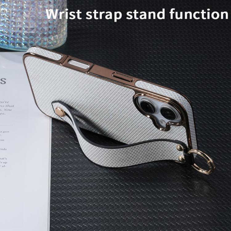 For iPhone 16 Plus Electroplating Loose Powder Wristband Holder Phone Case