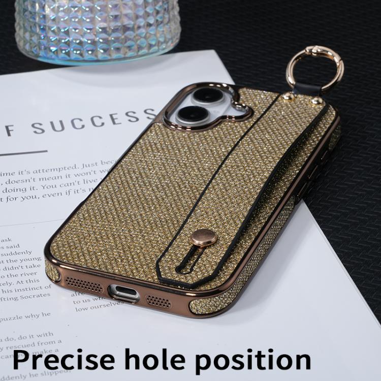 For iPhone 16 Plus Electroplating Loose Powder Wristband Holder Phone Case