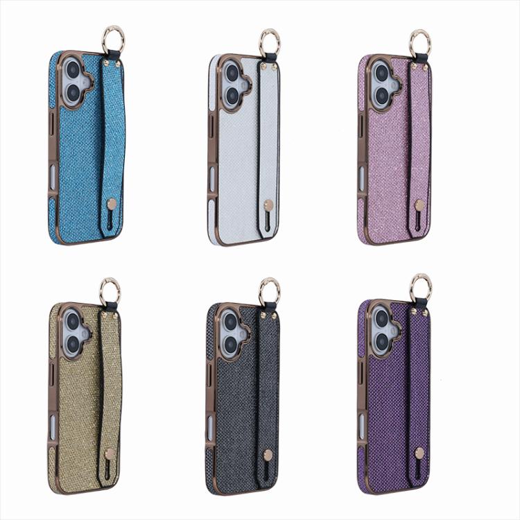 For iPhone 16 Plus Electroplating Loose Powder Wristband Holder Phone Case