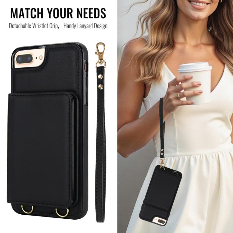 For iPhone 8 Plus / 7 Plus Crossbody Dual-buckle Wallet RFID Back Leather Phone Case