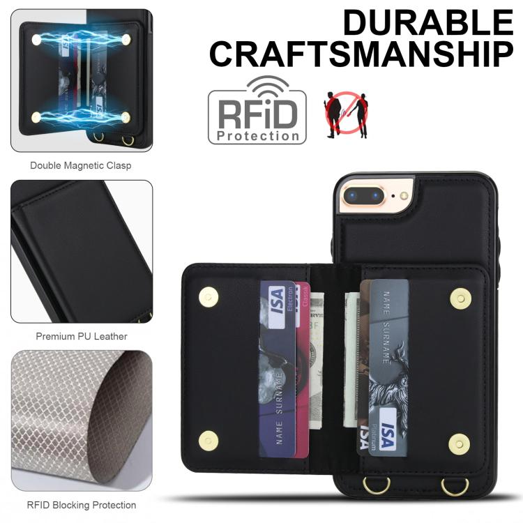 For iPhone 8 Plus / 7 Plus Crossbody Dual-buckle Wallet RFID Back Leather Phone Case