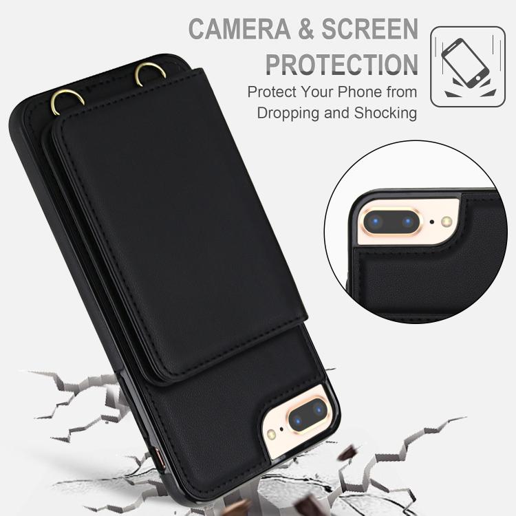For iPhone 8 Plus / 7 Plus Crossbody Dual-buckle Wallet RFID Back Leather Phone Case