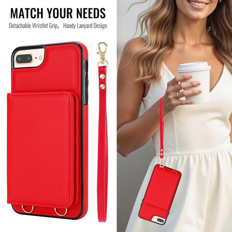 For iPhone 8 Plus / 7 Plus Crossbody Dual-buckle Wallet RFID Back Leather Phone Case