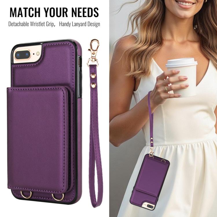 For iPhone 8 Plus / 7 Plus Crossbody Dual-buckle Wallet RFID Back Leather Phone Case