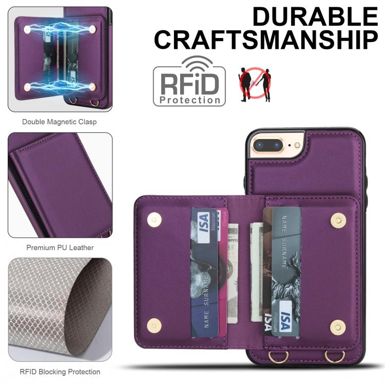 For iPhone 8 Plus / 7 Plus Crossbody Dual-buckle Wallet RFID Back Leather Phone Case