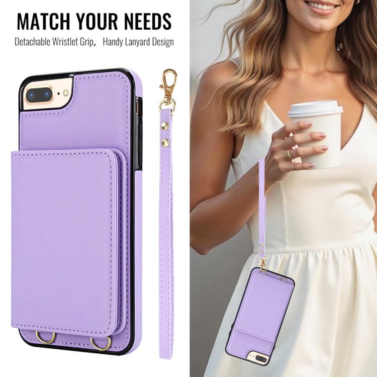 For iPhone 8 Plus / 7 Plus Crossbody Dual-buckle Wallet RFID Back Leather Phone Case