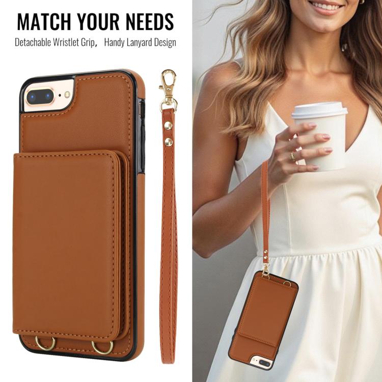 For iPhone 8 Plus / 7 Plus Crossbody Dual-buckle Wallet RFID Back Leather Phone Case