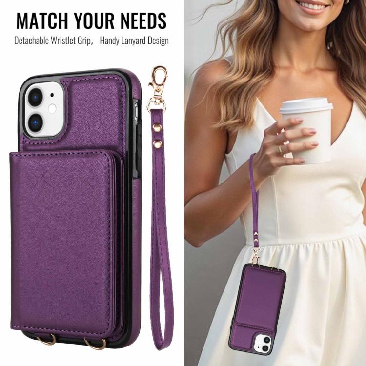 For iPhone 11 Crossbody Dual-buckle Wallet RFID Back Leather Phone Case
