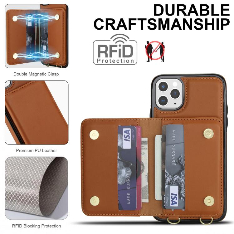 For iPhone 11 Pro Crossbody Dual-buckle Wallet RFID Back Leather Phone Case