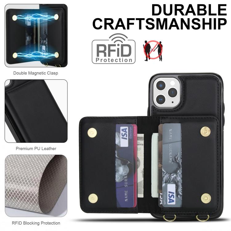 For iPhone 11 Pro Max Crossbody Dual-buckle Wallet RFID Back Leather Phone Case