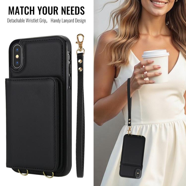For iPhone XS / X Crossbody Dual-buckle Wallet RFID Back Leather Phone Case