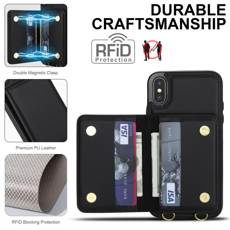For iPhone XS Max Crossbody Dual-buckle Wallet RFID Back Leather Phone Case