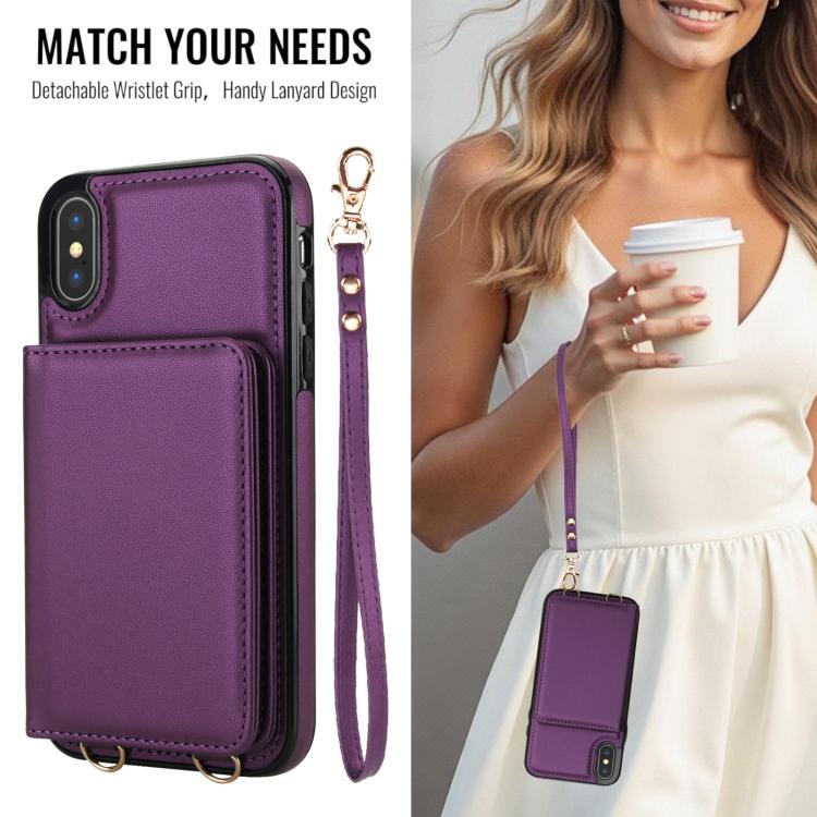 For iPhone XS Max Crossbody Dual-buckle Wallet RFID Back Leather Phone Case