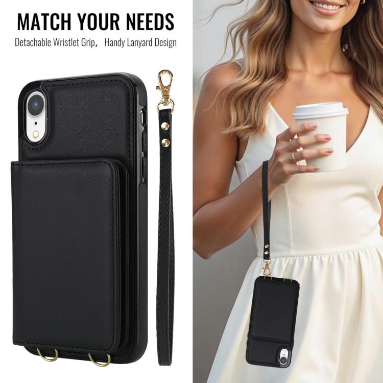 For iPhone XR Crossbody Dual-buckle Wallet RFID Back Leather Phone Case