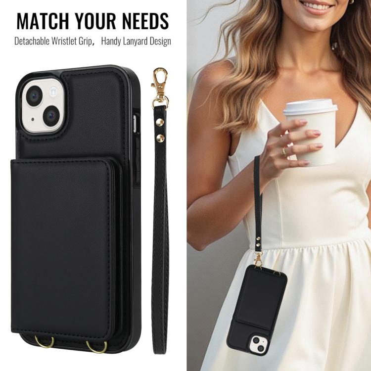 For iPhone 14 / 13 Crossbody Dual-buckle Wallet RFID Back Leather Phone Case