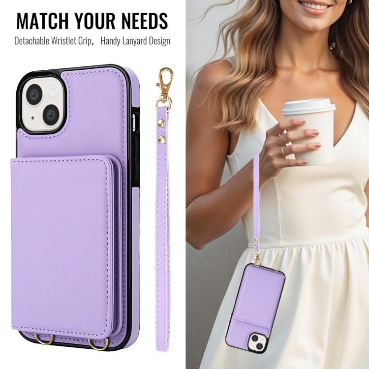 For iPhone 14 / 13 Crossbody Dual-buckle Wallet RFID Back Leather Phone Case