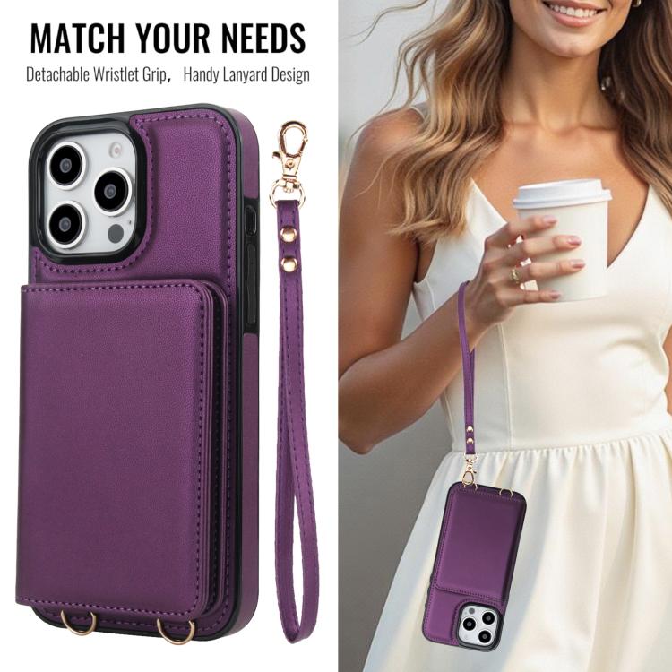 For iPhone 14 Pro Crossbody Dual-buckle Wallet RFID Back Leather Phone Case