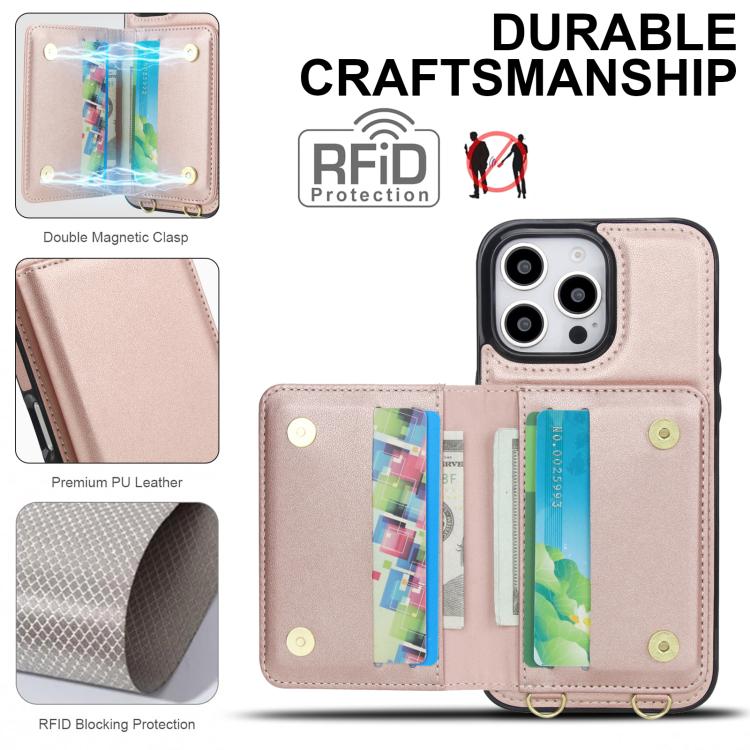 For iPhone 14 Pro Max Crossbody Dual-buckle Wallet RFID Back Leather Phone Case